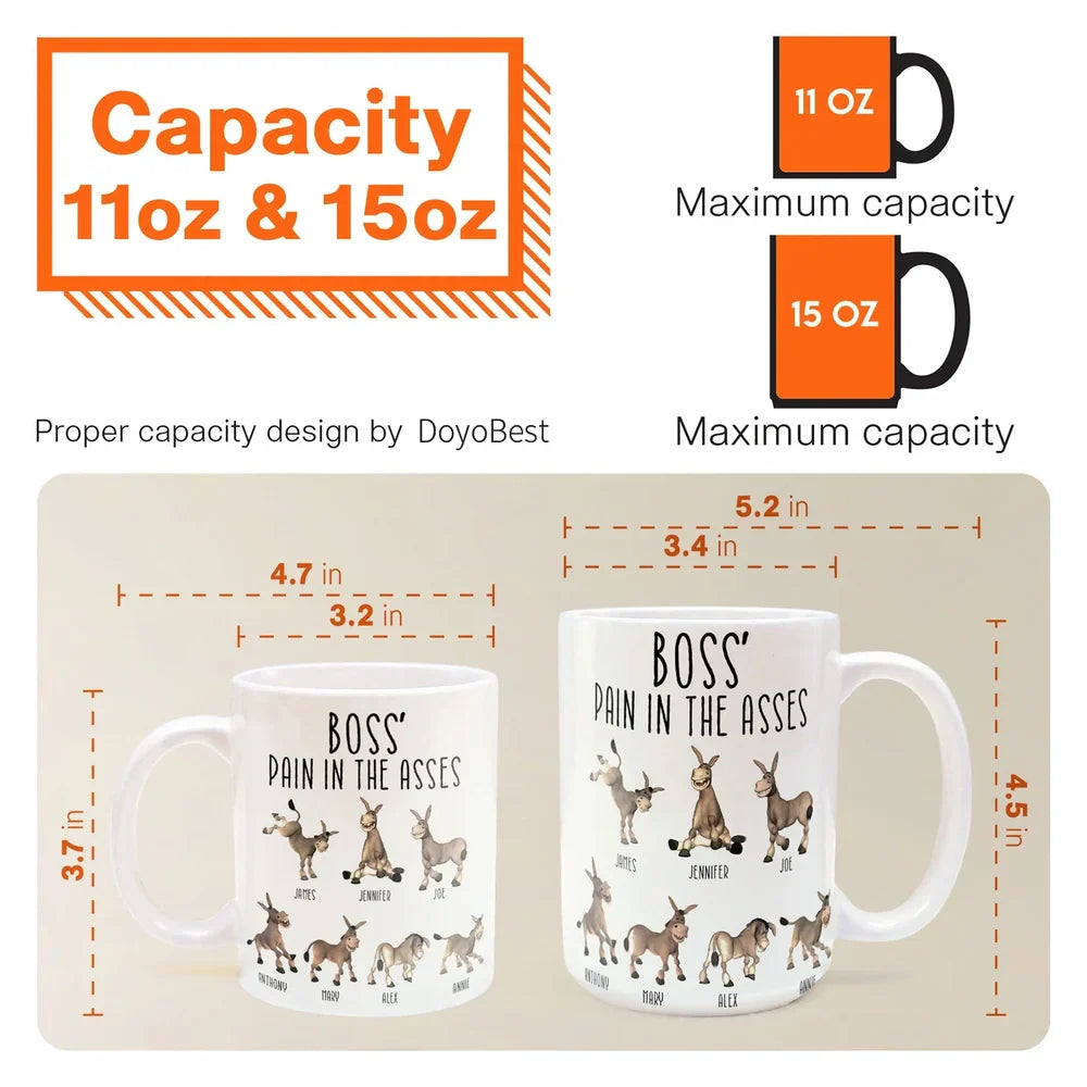 Boss' Pain in the Asses White Ceramic Mug, Personalized Office Humor Gift for Coworkers and Morning Coffee Smiles
