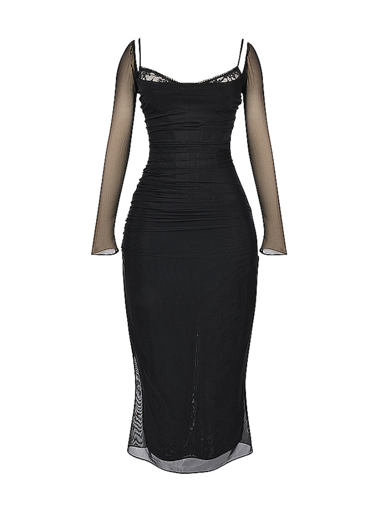 Black Mesh Long Sleeves Lace Trim Maxi Dress
