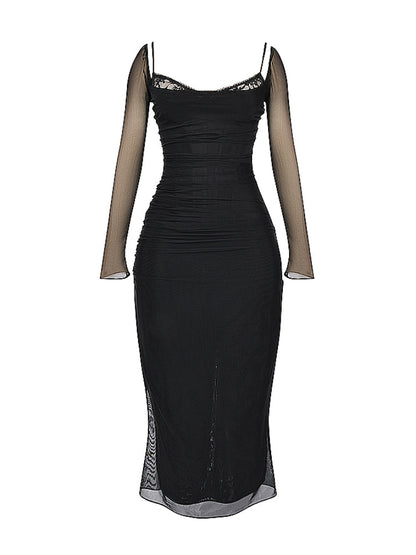 Black Mesh Long Sleeves Lace Trim Maxi Dress