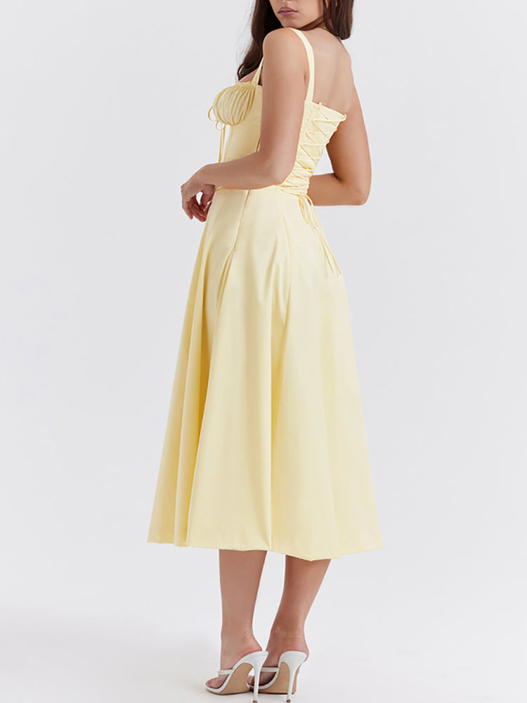High Waist Back Lace Up Side Slit Midi Dress