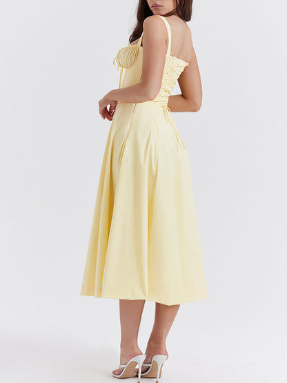 High Waist Back Lace Up Side Slit Midi Dress