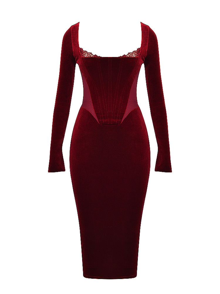 Wine Velvet Corset Lace Trim Long Sleeve Midi Dress