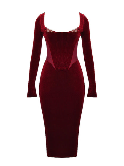 Wine Velvet Corset Lace Trim Long Sleeve Midi Dress