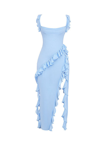 Low Back Ruffle Frill Trim High Split Maxi Dress