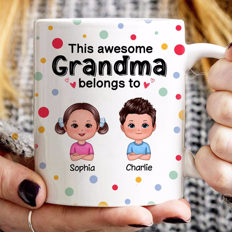 This Mom Grandma Grandpa Dad Belongs To Cute Doll Kids Colorful Dot Personalized Mug