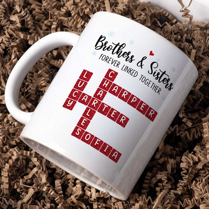 Brothers And Sisters Forever Linked Together Festive Theme Crossword Puzzle Art - Personalized Mug - Gift For Siblings, Family