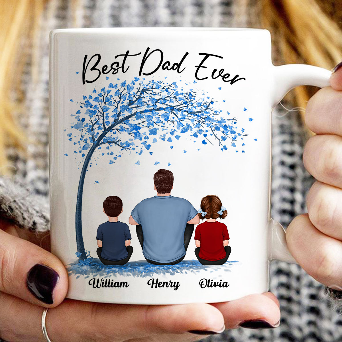 Blue Tree Best Dad Ever Back View Man Sitting With Kids Dogs Cats Father's Day Gift Personalized Mug