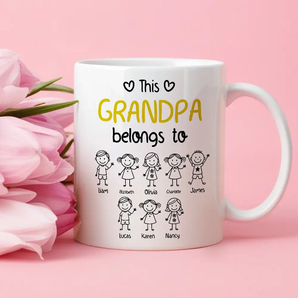 This Grandpa Belongs To Personalized White Ceramic Mug with Grandkids' Names, Cute Gift for Grandfather