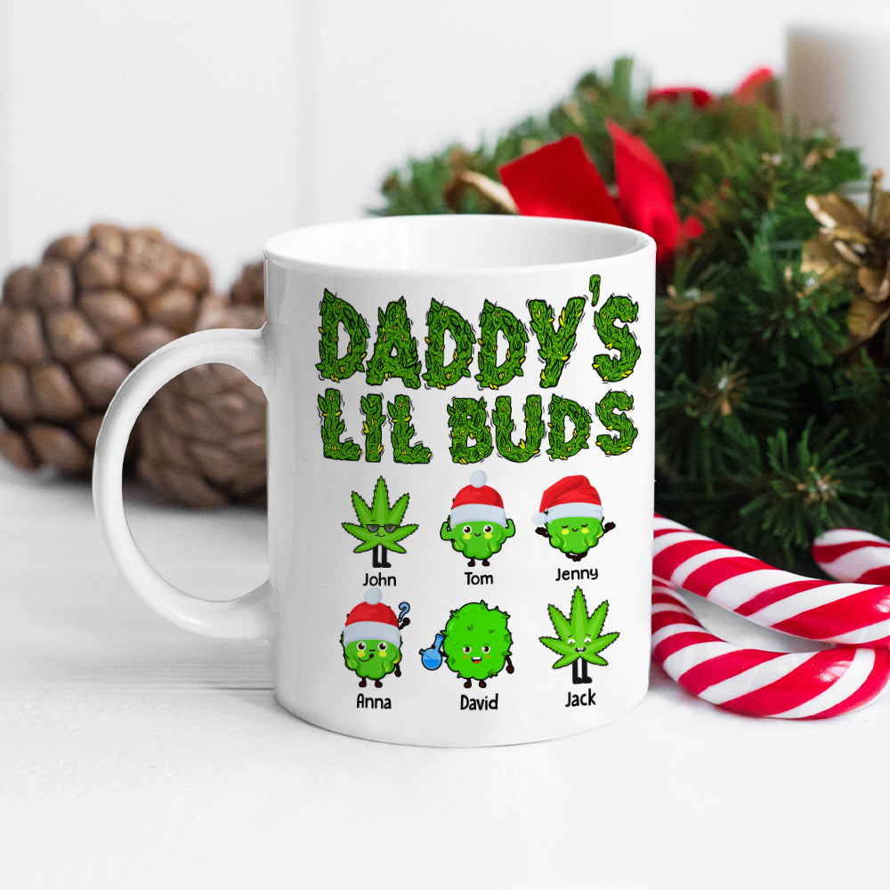 Daddy's Lil Buds Personalized Weed Family Mug, Christmas Tree Decor