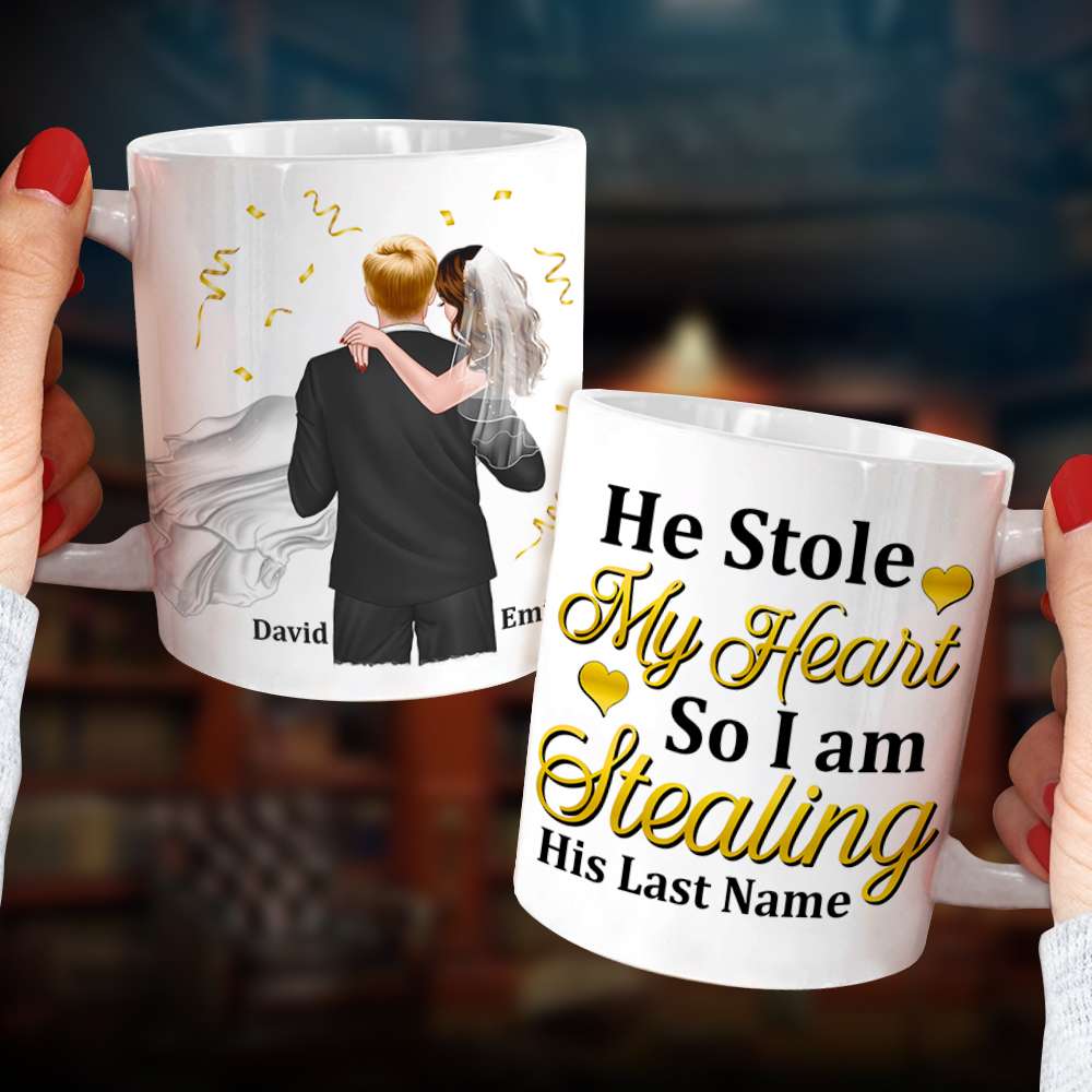 Personalized Newly Wedding Couple Coffee Mug, He Stole My Heart, Personalized Coffee Mug, Wedding Gift, Birthday Gift For Husband