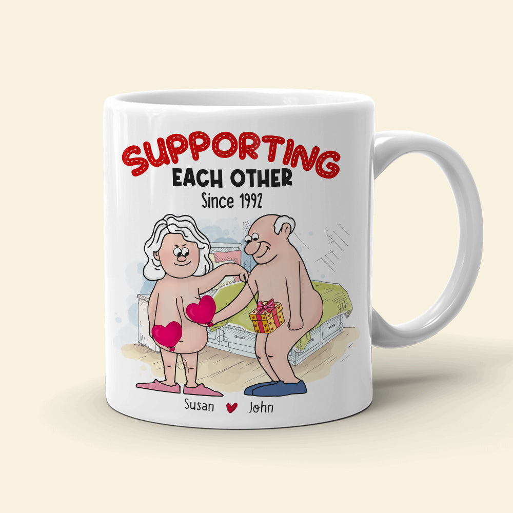 Supporting Each Other, Old Funny Couple Valentine White Mug