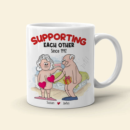 Supporting Each Other, Old Funny Couple Valentine White Mug