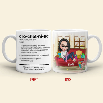 She's A Crochetniac - Personalized White Mug