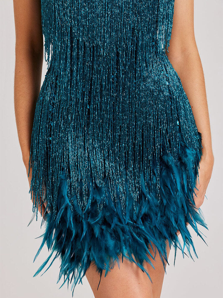 Sequin V Neck Feather Trim Mini Dress