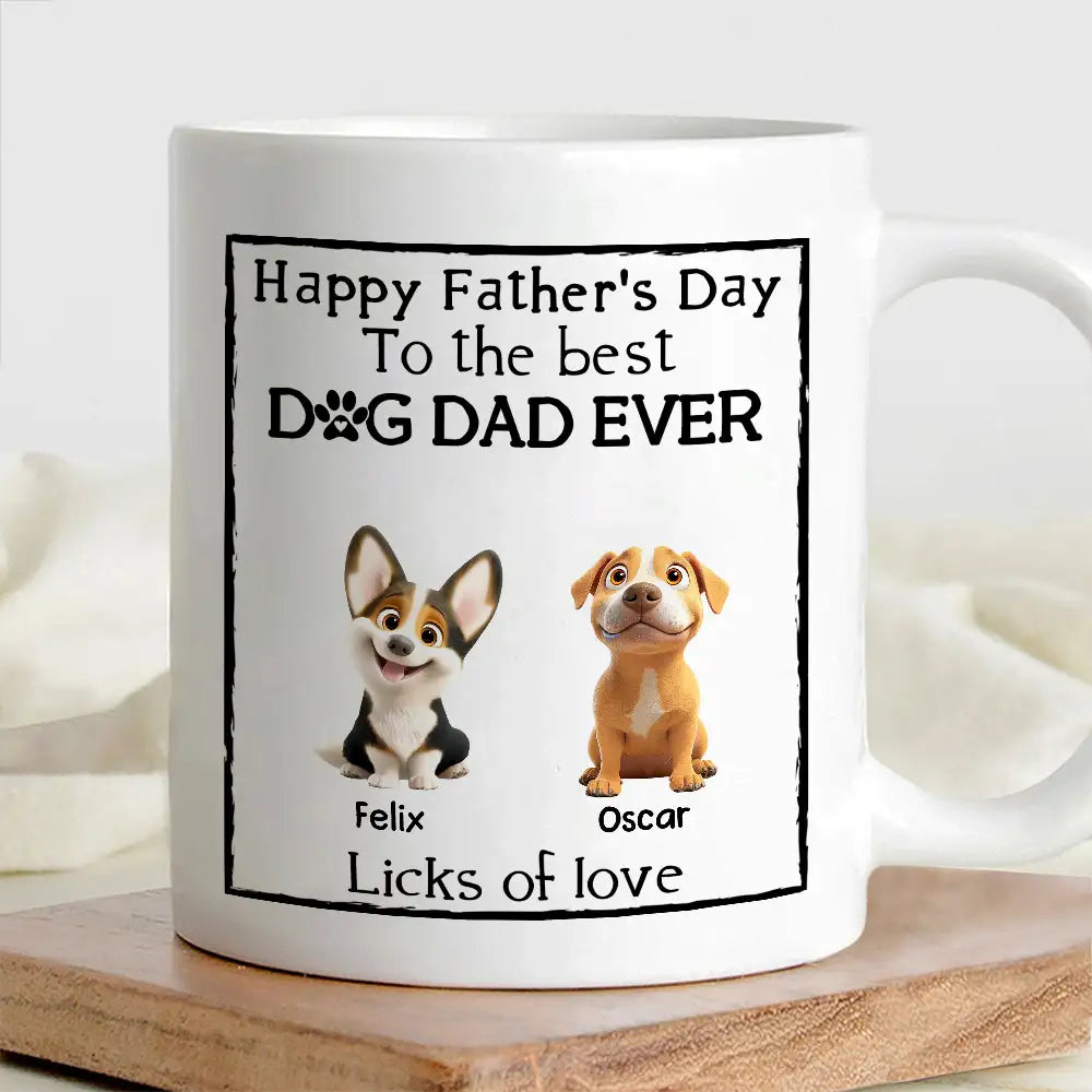 Happy Father's Day Mug Cartoon Dogs Sitting Together with Licks of Love Personalized Gift for Dog Dads