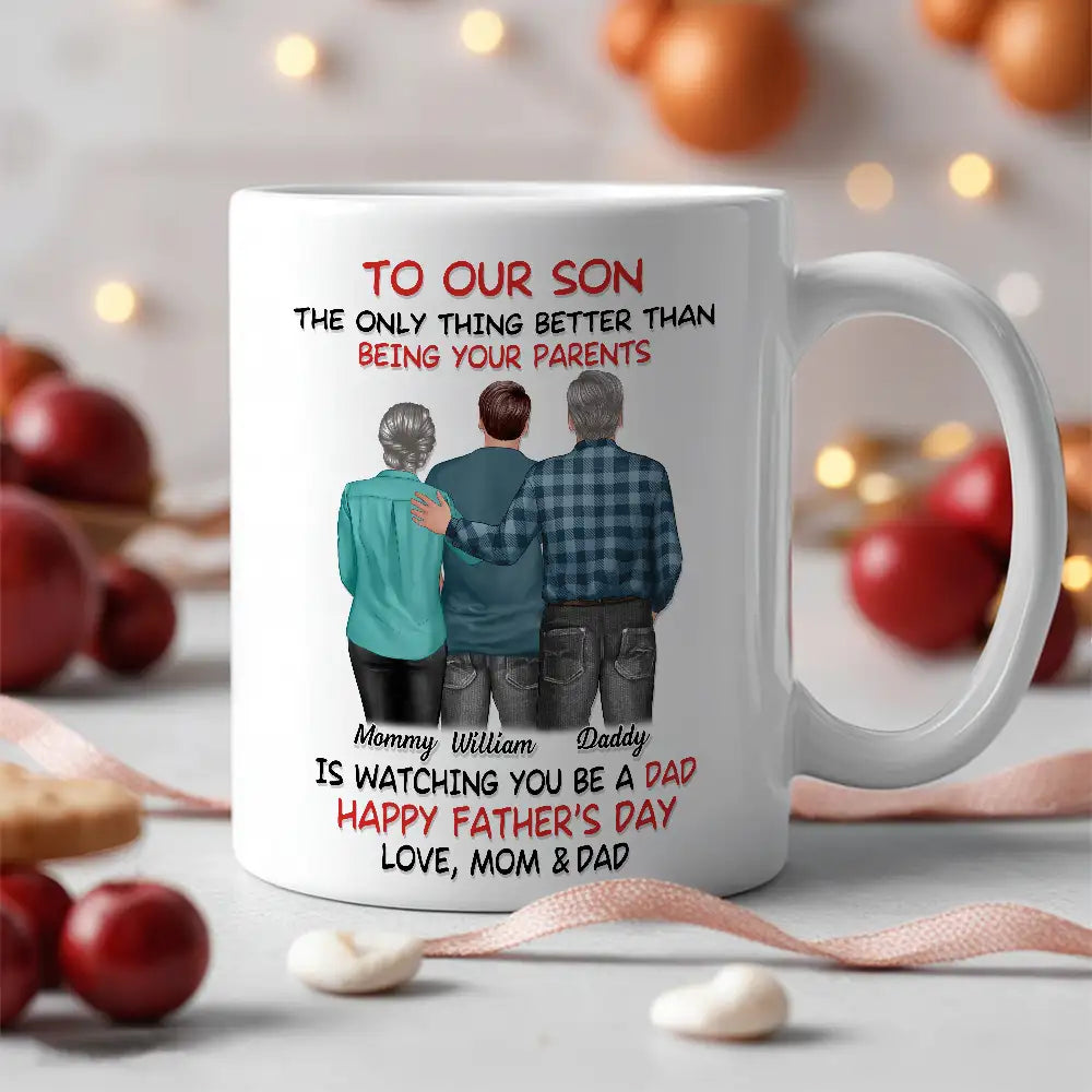 Mom-Dad-Son Back-View Ceramic Cup, Happy Trio Father's Day Keepsake