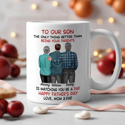 Mom-Dad-Son Back-View Ceramic Cup, Happy Trio Father's Day Keepsake