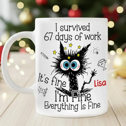Personalized White Ceramic Mug for Workdays Survival, Funny Cat Cartoon Design, Unique Coworker Gift for Coffee & Tea Lovers