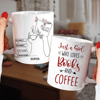 Girl Reading & Drink Coffee Line Art - Custom Book Title Mug - Gift For Book Lovers