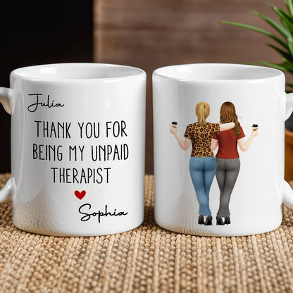 Mug with Hugging Friends Art, Thank You for Being My Unpaid Therapist, Customizable Unique Gift for Coworker or Best Friend