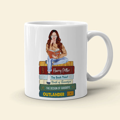 Reading Girl Sitting On Bookstack, Personalized White Mug