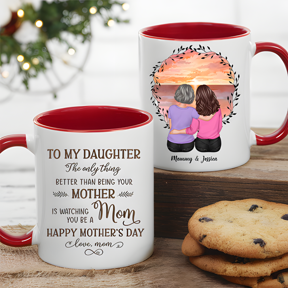 Beach Sunset Mother and Daughter Hugging Back View Personalized Cup, Poster, Keychain, Ornament & More, Sentimental Mother's Day Gift for Daughter
