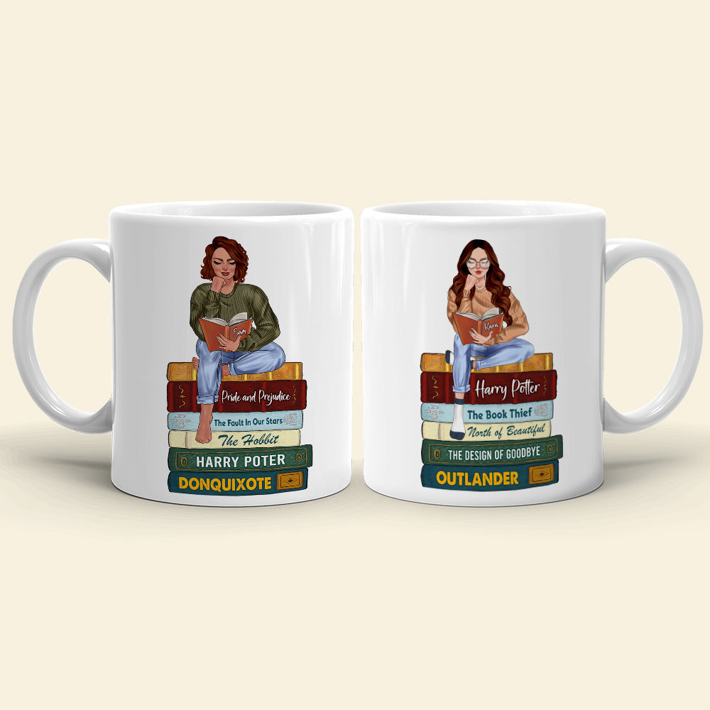 Reading Girl Sitting On Bookstack, Personalized White Mug