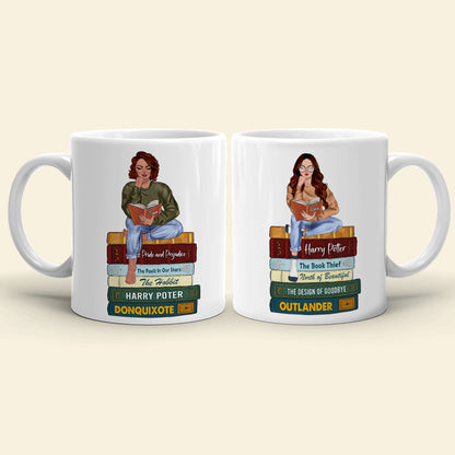 Reading Girl Sitting On Bookstack, Personalized White Mug