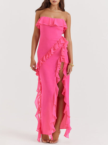 Fuchsia Strapless Ruffle Side Slit Maxi Dress