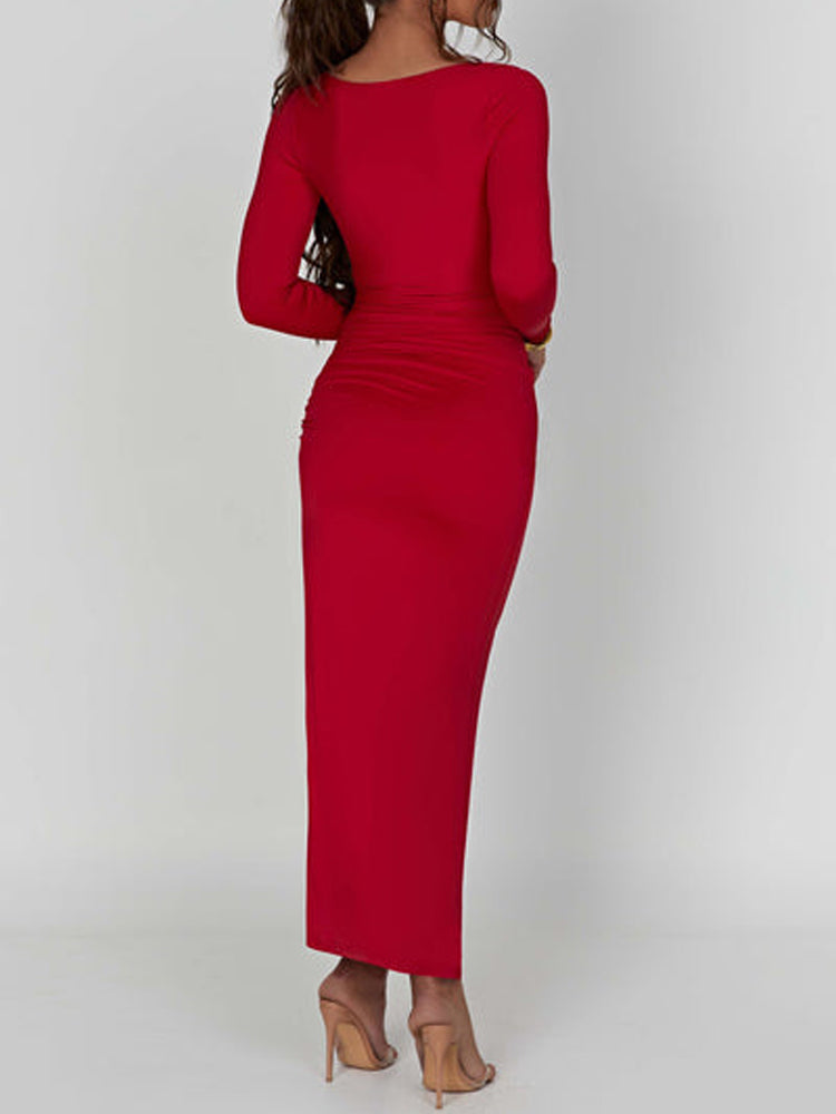 Scoop Neck Ruched Side Slit Long Sleeve Maxi Dress