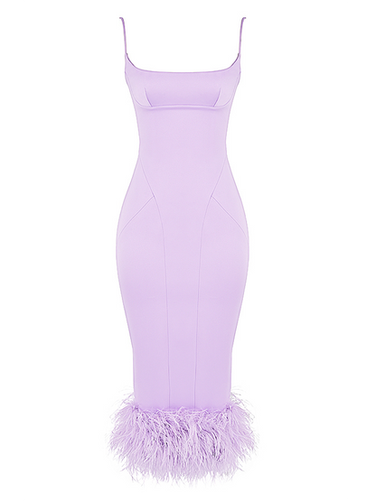 Spaghetti Straps Feather Satin Midi Dress