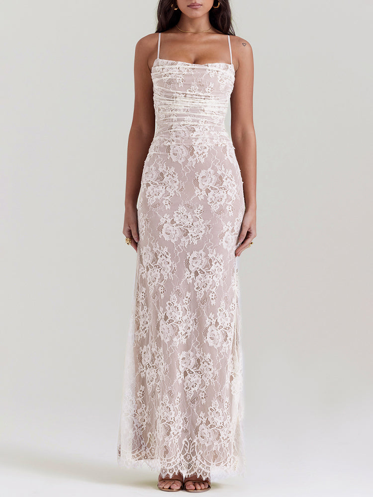 Wedding Vintage Cream Lace Maxi Dress With Gloves
