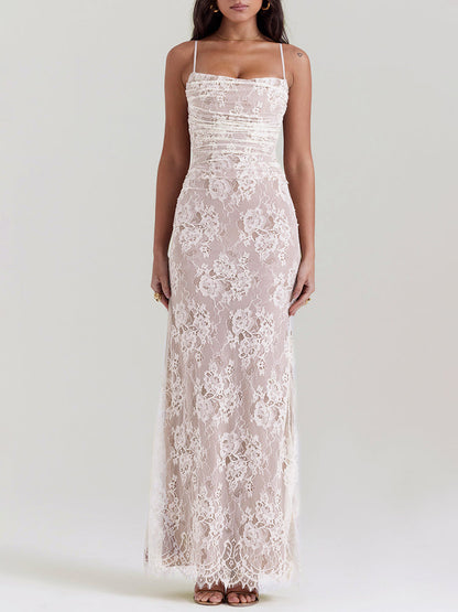 Wedding Vintage Cream Lace Maxi Dress With Gloves