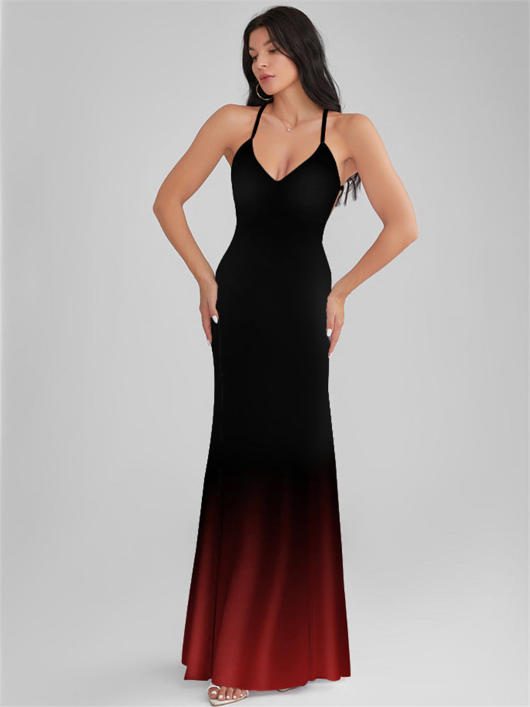 CATALINA Black Gradient Print Backless Plunge Maxi Dress