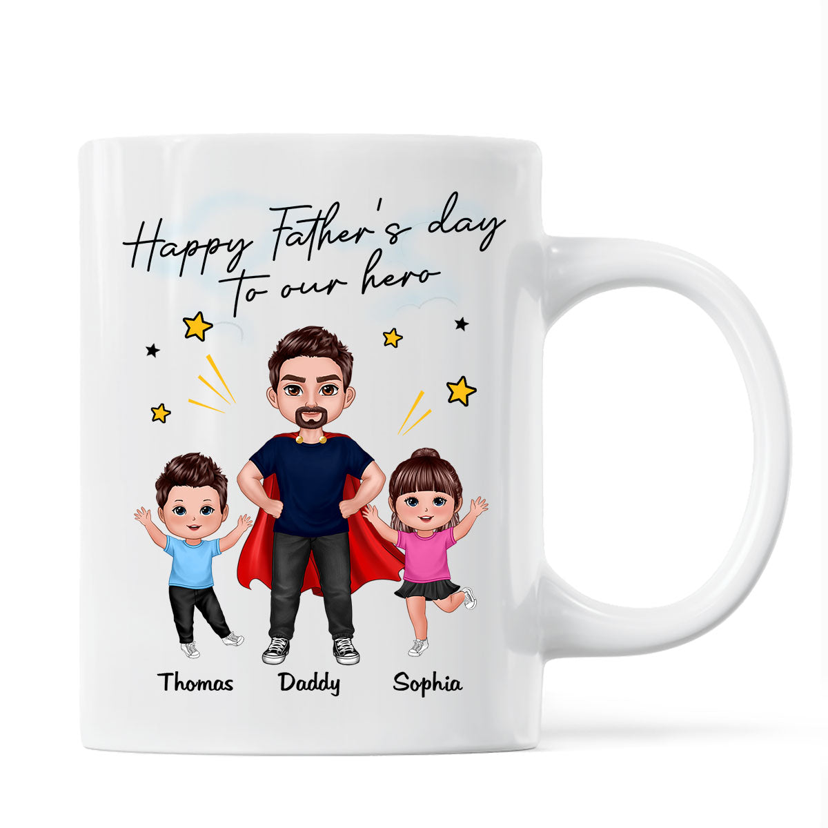Happy Father's Day To Our Hero Super Dad & Happy Doll Kid Gift For Dad Personalized Mug