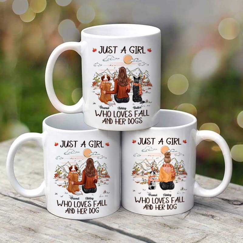 Girl Loves Fall & Her Dog Back View Personalized Mug