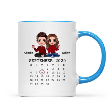 Doll Couple Sitting Calendar Anniversary Date Gift For Him For Her Personalized Mug