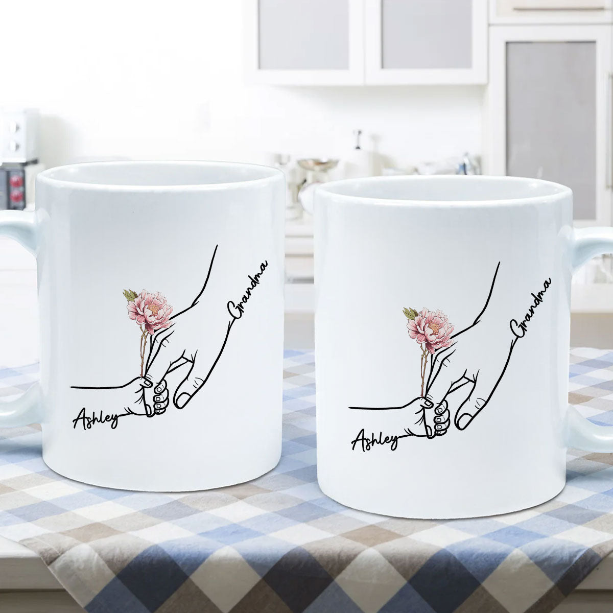 Kids Holding Grandma Mom Hand Birth Month Flowers Personalized Mug