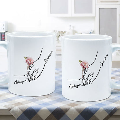Kids Holding Grandma Mom Hand Birth Month Flowers Personalized Mug