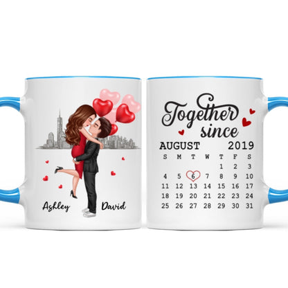 Skyline Doll Couple Hugging Kissing Calendar Anniversary Date Personalized Mug
