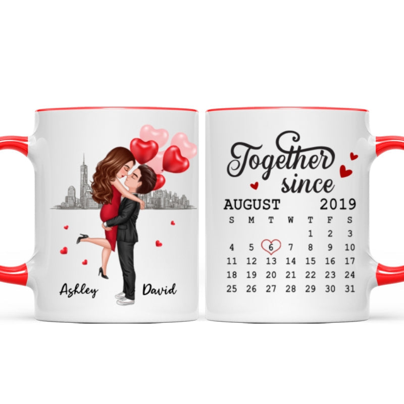 Skyline Doll Couple Hugging Kissing Calendar Anniversary Date Personalized Mug