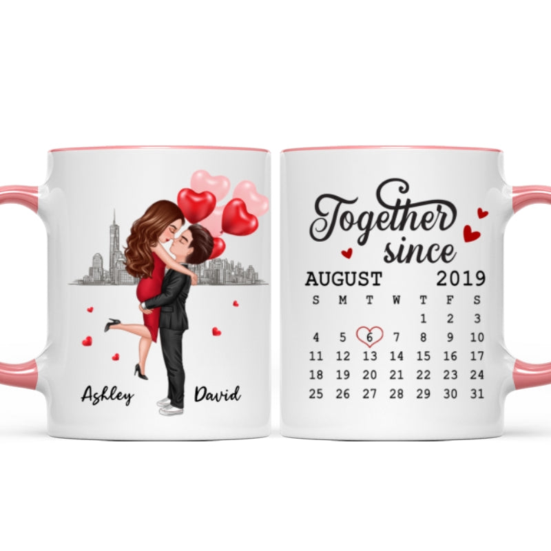 Skyline Doll Couple Hugging Kissing Calendar Anniversary Date Personalized Mug