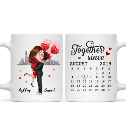 Skyline Doll Couple Hugging Kissing Calendar Anniversary Date Personalized Mug