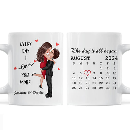 Everyday I Love You More Couple Hugging Kissing Calendar Keepsake Gift Personalized Mug