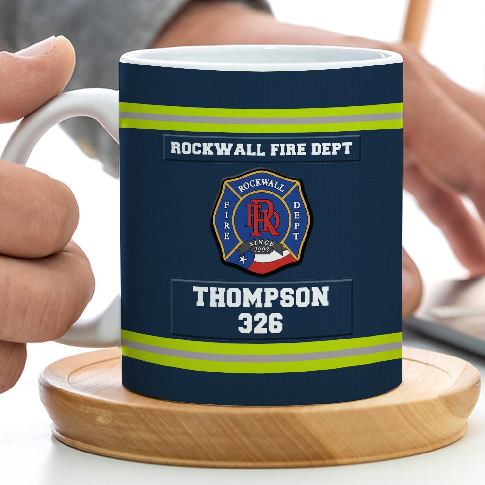 Personalized Firefighter White Edge-to-edge Mug With Custom Badge, Name & Number, Gift For Firefighter