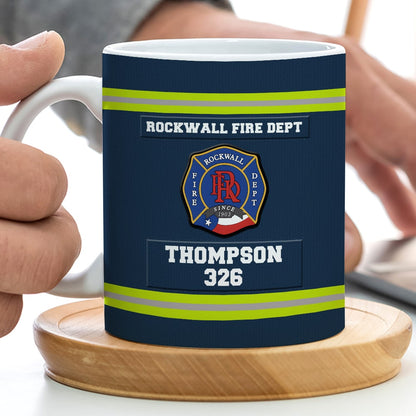Personalized Firefighter White Edge-to-edge Mug With Custom Badge, Name & Number, Gift For Firefighter