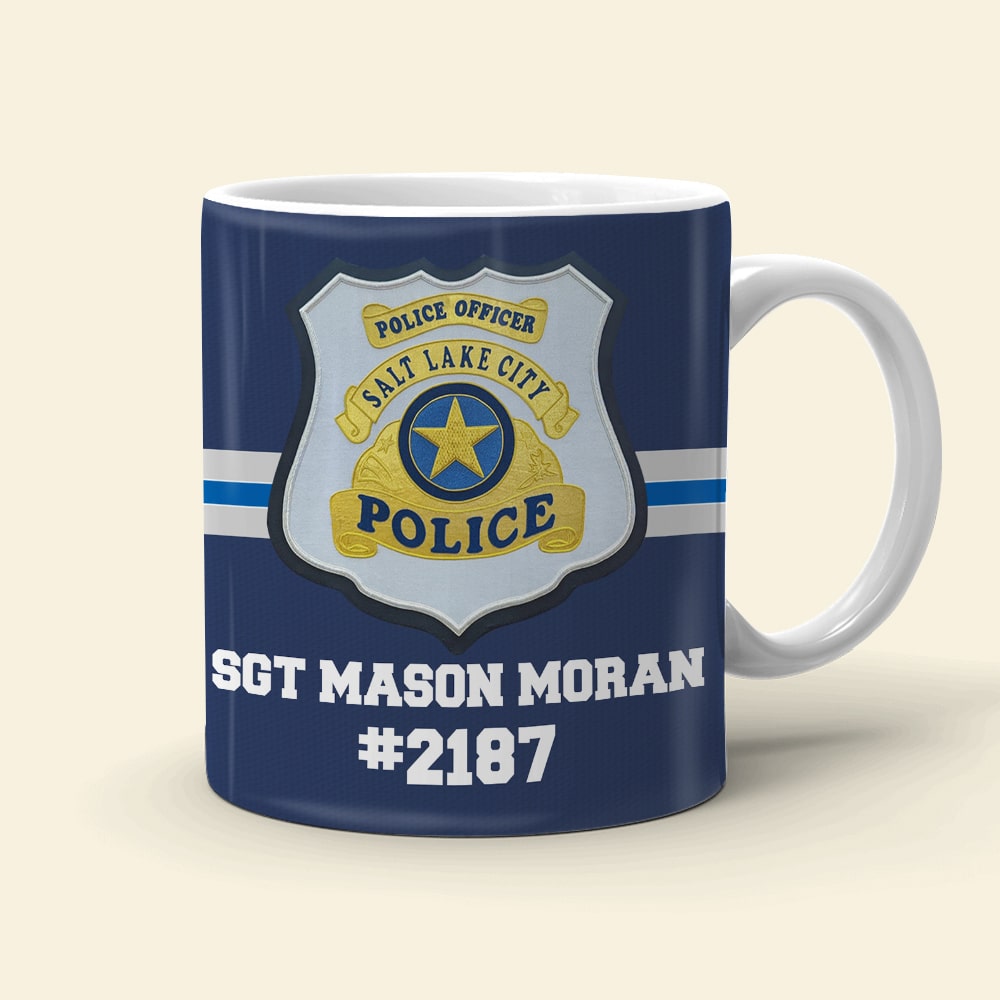 Personalized Police White Edge-to-edge Mug With Custom Badge, Name & Number, Gift For Police Officer