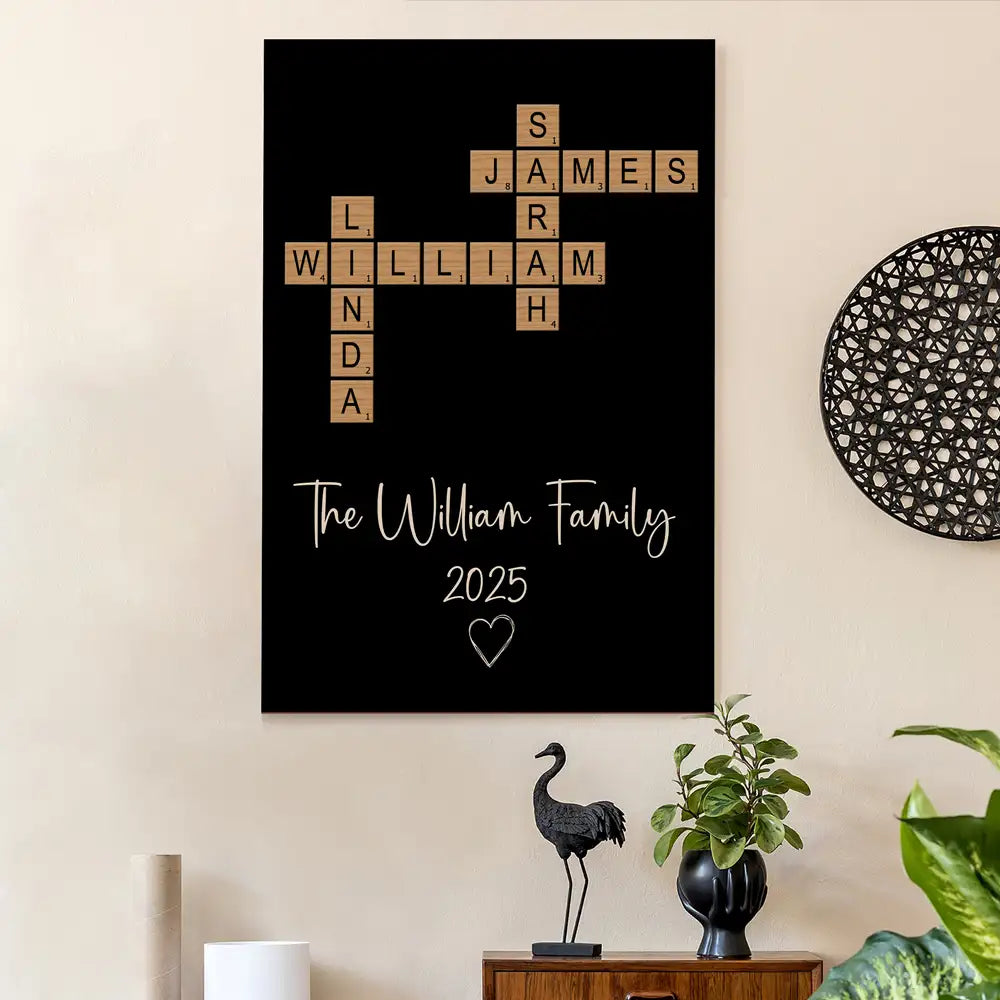Personalized Family White Ceramic Mug with Wooden Tile Crossword Art - Unique Creative Gift for Home