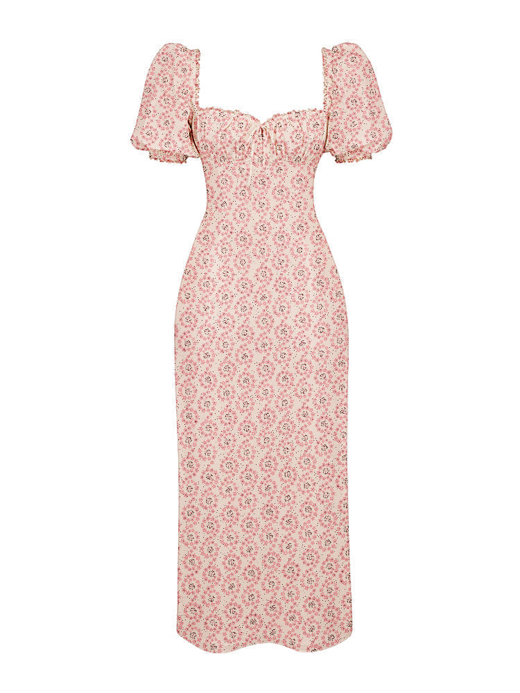 Floral Print Square Neckline Puff Sleeves Maxi Dress