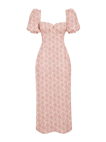 Floral Print Square Neckline Puff Sleeves Maxi Dress